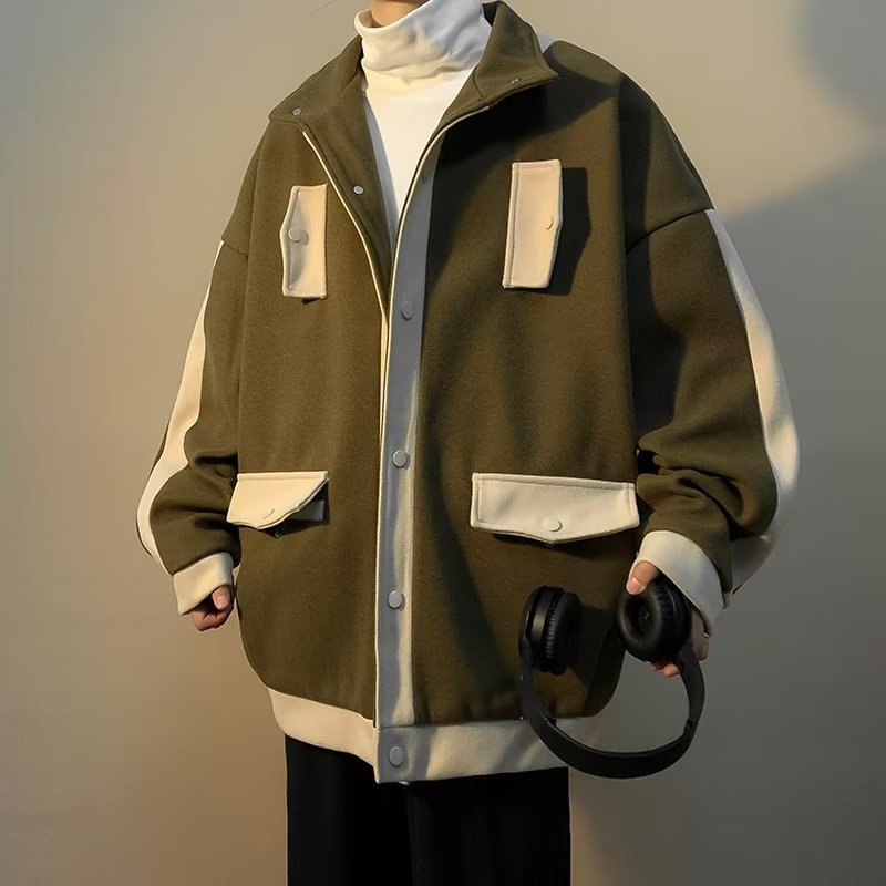 Marca de moda juvenil otoño e invierno nueva chaqueta hombre holgado gran bolsillo tendencia calle frita hermosa chaqueta de cuello alto de todo fósforo