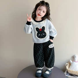 女小童套装秋装小兔花边卫衣洋气碎花长裤宝宝韩版简约两件套春秋