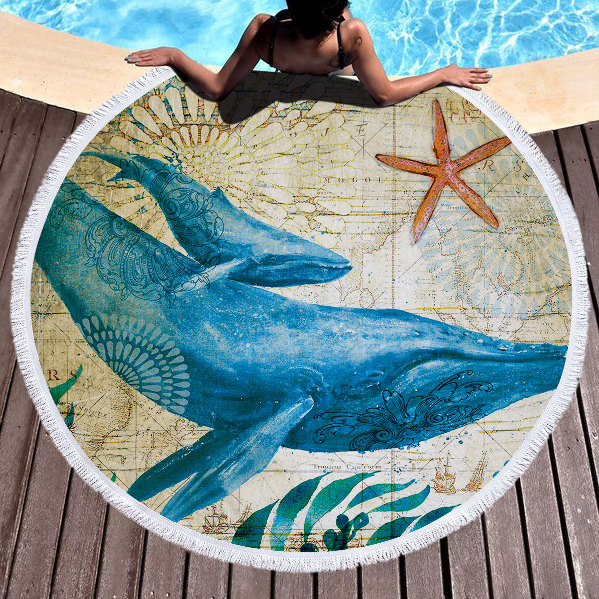 Round towel sarong 150cm - marine animal prints