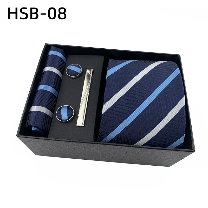 2025 nueva caja de regalo negra de negocios para hombres, corbata lisa a rayas, bufanda de bolsillo, clip de corbata, traje de regalo