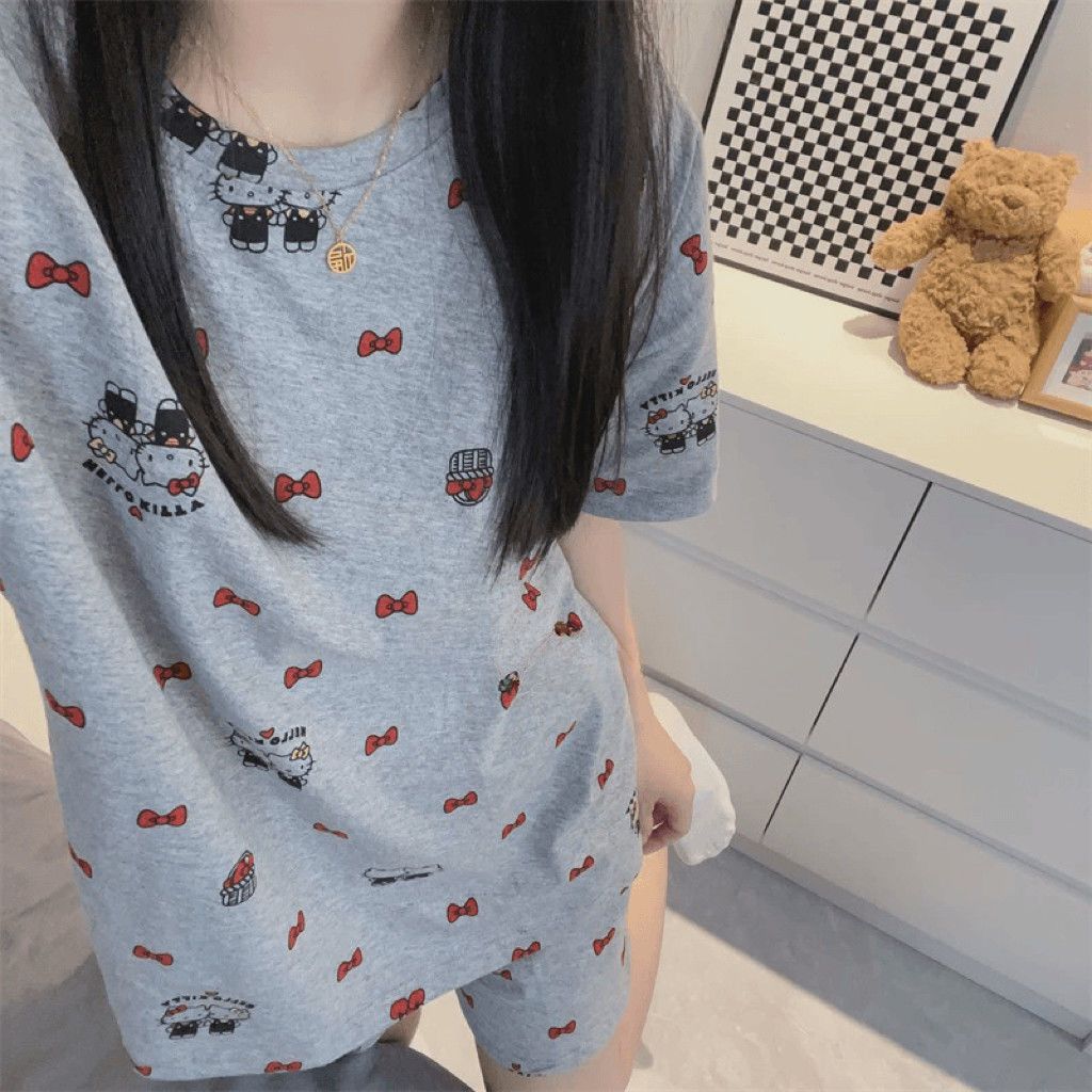 Pijamas de algodón de imitación de cuello redondo al por mayor transfronterizo, pantalones cortos de manga corta casuales de verano para mujer, jersey suelto, ropa de casa para estudiantes de dibujos animados