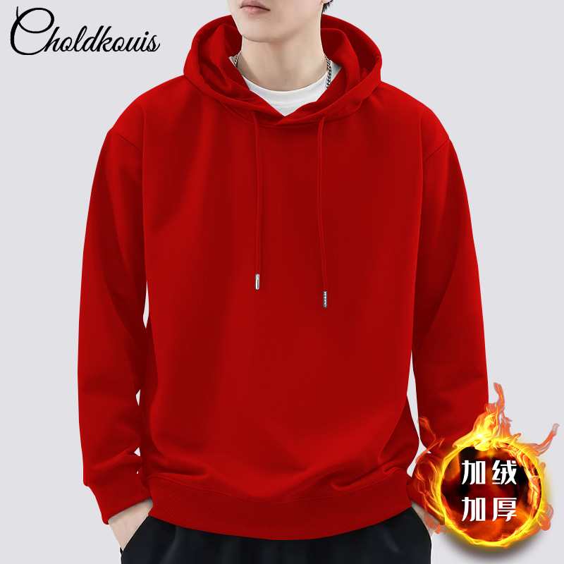 빅 레드 후드 스웨트셔츠 플러스 벨벳 스타일 - 솔리드 컬러 [GL]