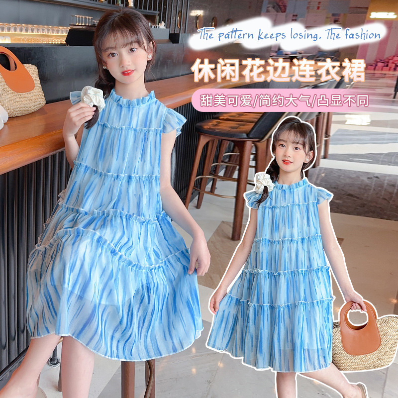 Girls dress 2023 new summer children's summer style medium and big children little girl Western style sleeveless princess dress summer