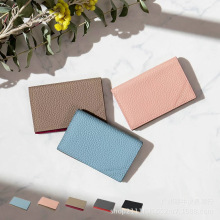 樂天真皮女士荔枝纹拼接撞色名片包 头层牛皮大容量二折名片包