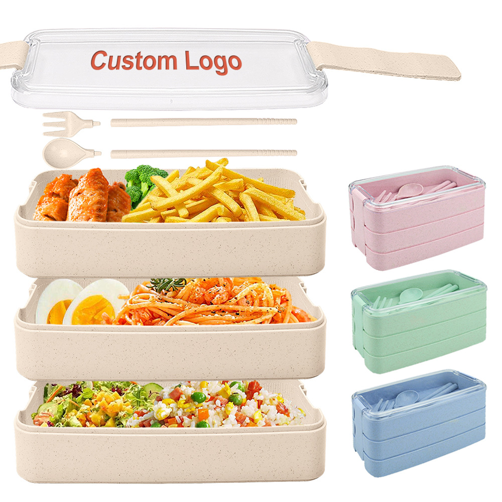 创意小麦秸秆饭盒勺叉筷办公室便携式三层餐盒学生礼品方形便当盒