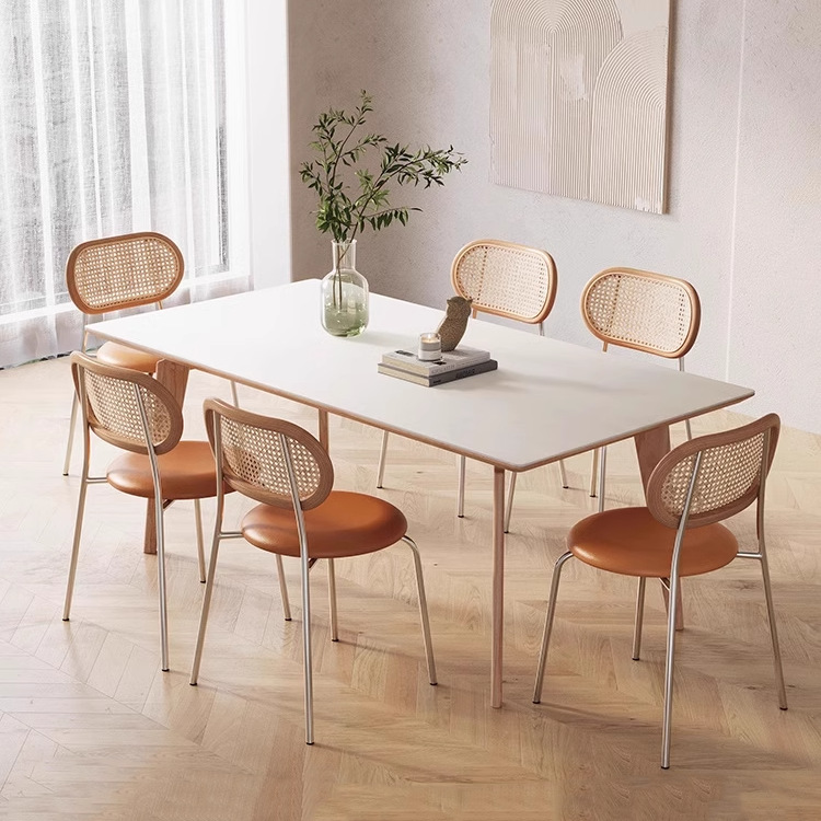 Danvance estilo francés crema mesa de viento casera rectangular seis personas pequeño tipo de mesa de comedor de madera sólida de cera de madera de roca