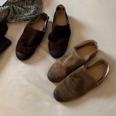 羊皮版~复古小众磨砂擦色圆头深口平底一脚蹬乐福鞋女秋冬季单鞋