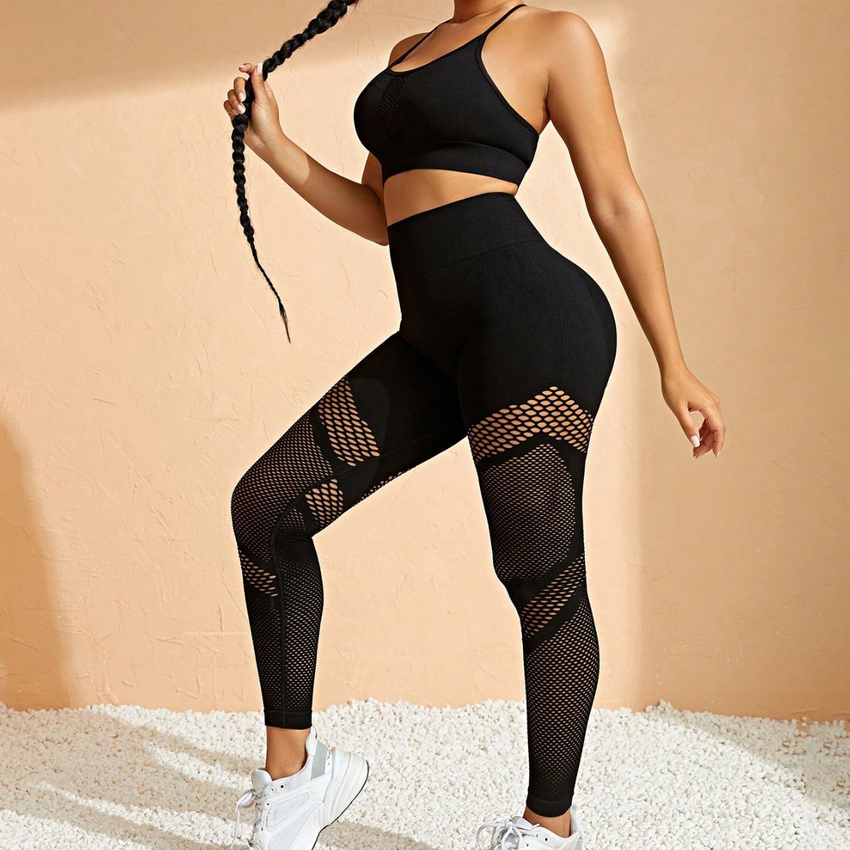 Traje de yoga pantalones de sujetador transpirable hueco para mujer ropa de camuflaje traje de punto sin costuras de fitness expuesto a la cintura