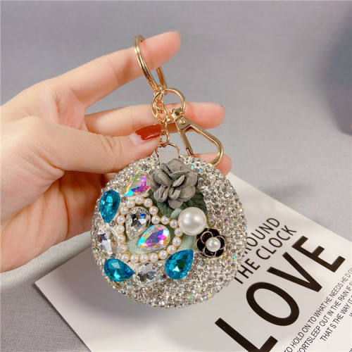 Creative Diamond Mountain Camellia Makeup Mirror Car Keychain Creative Round Small Mirror Bag Pendant Portable Touch-up