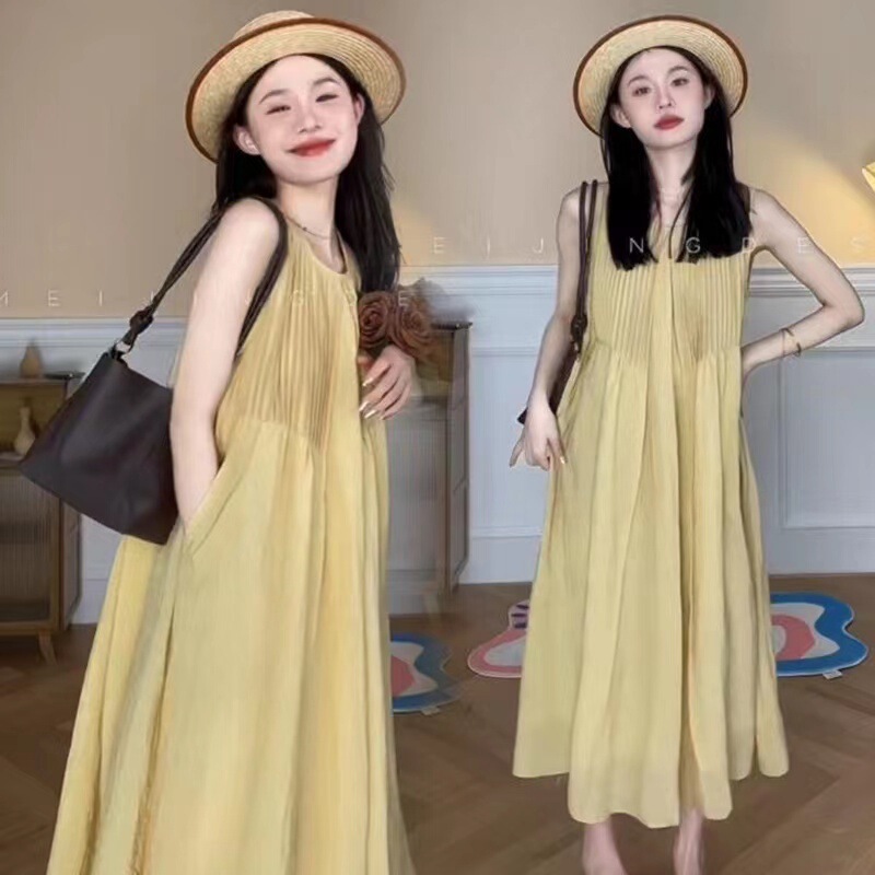 Pregnant Women's Sweet Round Neck Sleeveless dress Summer Pleated A- Line Long Vest Dress
