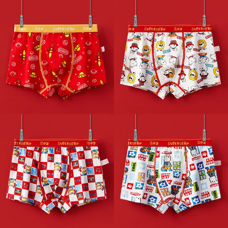 Children's Underwear Boys' Category a Boxer Antibacterial Small, Medium and Large Kidsren's Student Baby Boy's New Year Red Underwear Zodiac Year