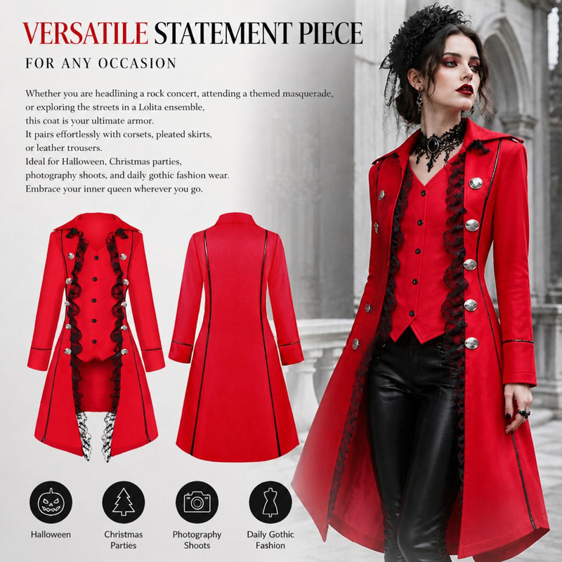 Cross-border Gothic Style Women's Tailcoat Medieval Retro Lace Trim Irregular Long Sleeve COS Performance Costume Cross-border Gothic Style Women's Tailcoat Medieval Retro Lace Trim Irregular Long Sleeve COS Performance Costume
