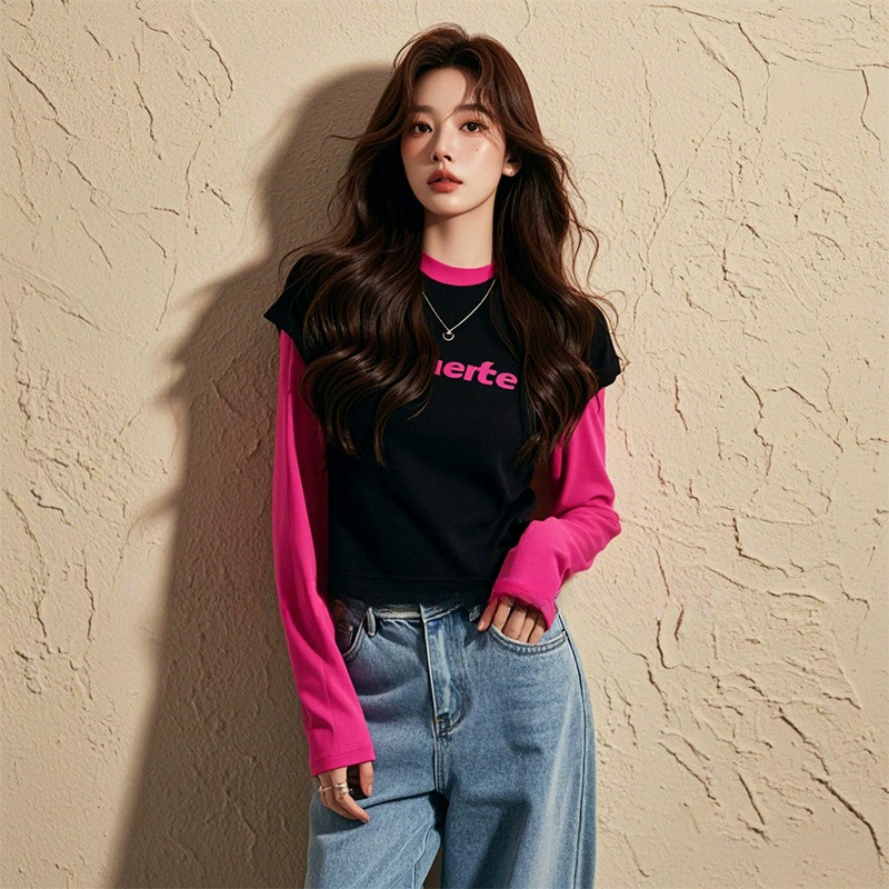 Уникальный иностранный дух, супер красивый, шикарный, красивый и красивый топ, дикий тонкий черный поддельный две сшитые футболки женская осень