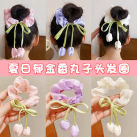 儿童郁金香花朵大肠发圈女童头花丸子头发饰小女孩发绳紫色粉色