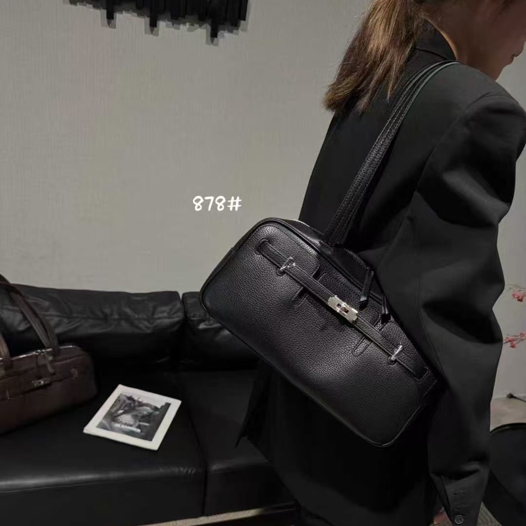 Genuine Leather Boston Bowling Bag For Women - Luxury Vintage Commuter Underarm Bag, Large Capacity Tote - Thumbnail 4