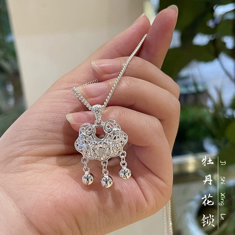 Children's pendant, necklace, gift box, thin weaving, silver 999 sample, longevity lock, silver lock