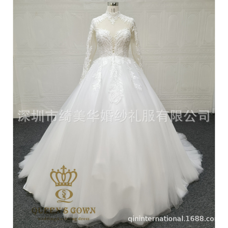 Foreign trade wedding dress high collar long sleeve elegant high quality embroidery lace A pendulum bridal wedding dress backless large skirt Foreign trade wedding dress high collar long sleeve elegant high quality embroidery lace A pendulum bridal wedding dress backless large skirt