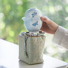 手绘蝶恋花旅行茶具便携式快客杯户外陶瓷泡茶小套装一壶两杯