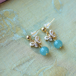Hd Natural Blue Water Jade Earrings, High-End Elegant, 14K Gold Butterfly Earrings, Accessible Luxury, Cool Niche Earrings