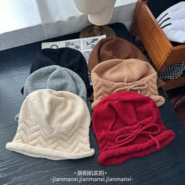 纯色卷边针织堆堆帽女秋冬季大头围保暖显脸小帽子韩系慵懒感冷帽