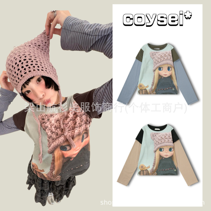 [in Stock] Korean Coysei* Collaboration Long-Sleeve T-Shirt with Cartoon Doll Print and Striped Fake Two-Piece Design