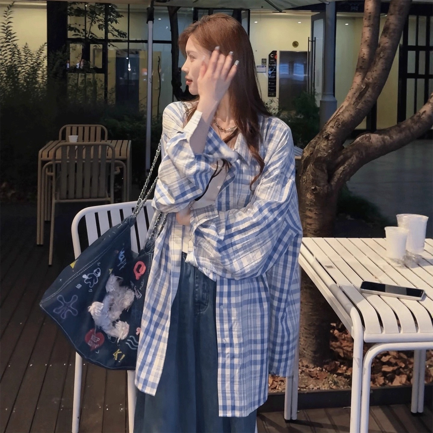 美式复古慵懒风撞色蓝白格子衬衫外套女生学院风宽松防晒长袖衬衣