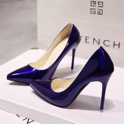 Black blue high heels nude heels pointed-toe made of patent leather