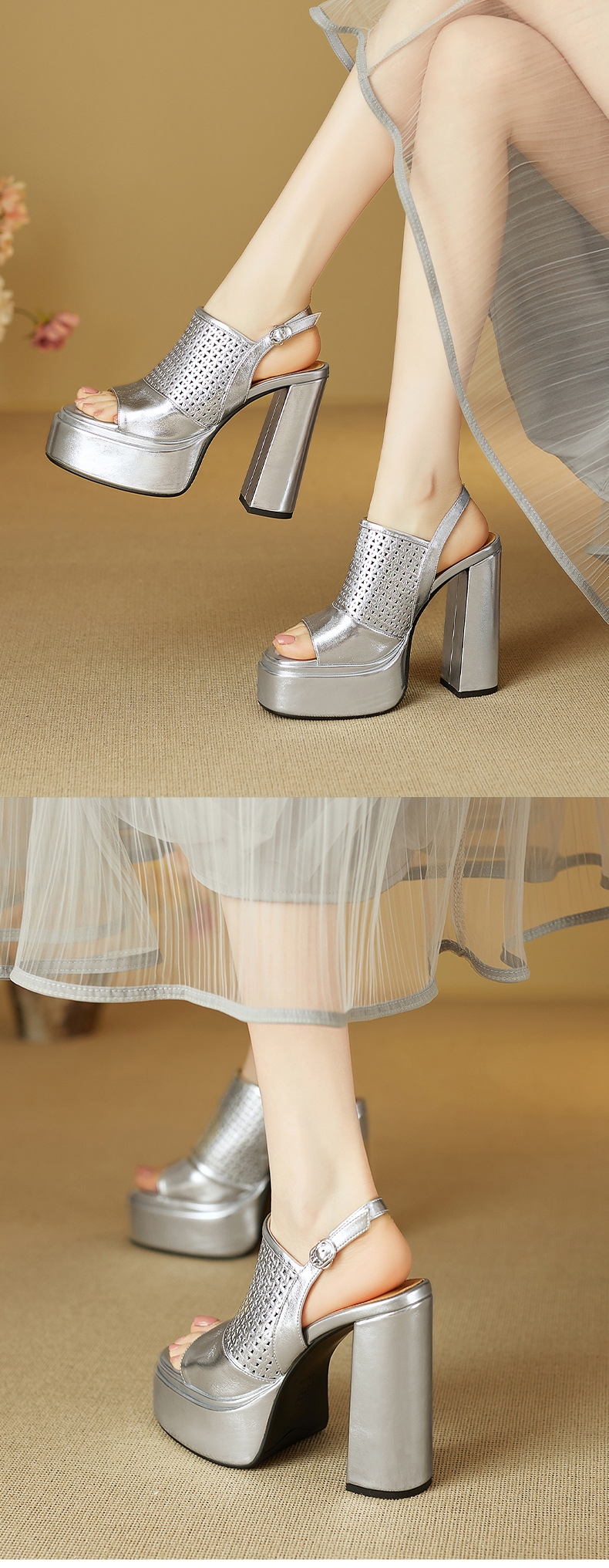 Sandal cao gót nữ da thật gót vuông đế rỗng hở mũi quai ngang — Màu đỏ rượu chi tiết 6