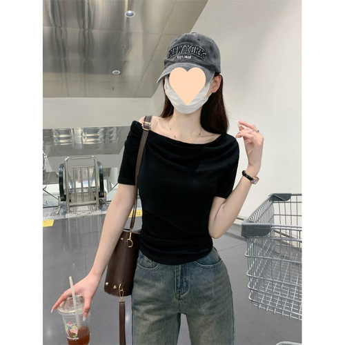 Korean Pure Desire Style Pile Collar Pleated Short Sleeve Top for Women - Summer One-Shoulder Fitted Versatile Top