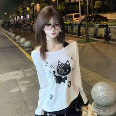 一字露肩小猫印花长袖t恤女春秋修身辣妹挂脖假两件短款上衣潮牌