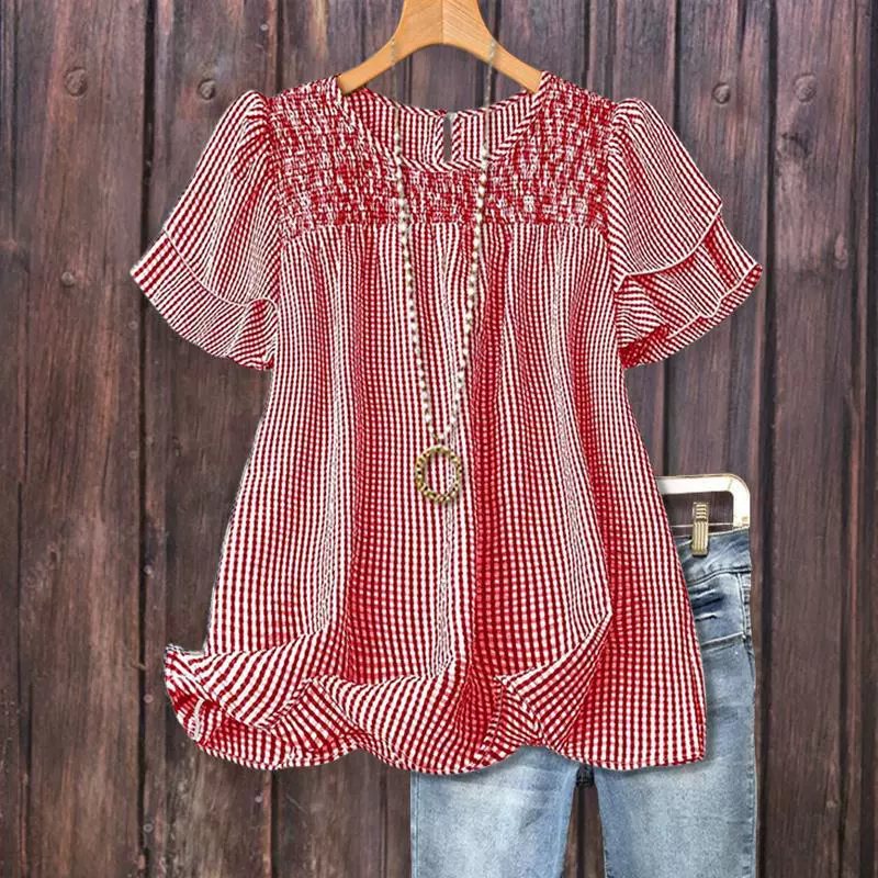 Стиль доставка через границу Casual Checkered Tiered Short Sleeve Top Black