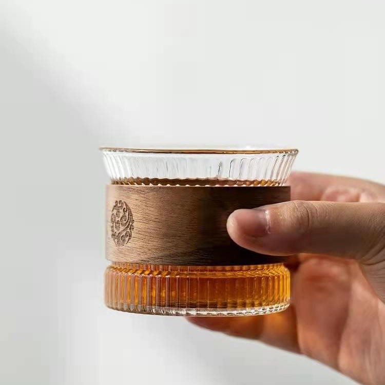 Taza de té de vidrio con rayas verticales estilo japonés, juego de té anti-quemaduras y aislante del calor, taza para preparar té, utensilios para té, taza personal, té kung fu.