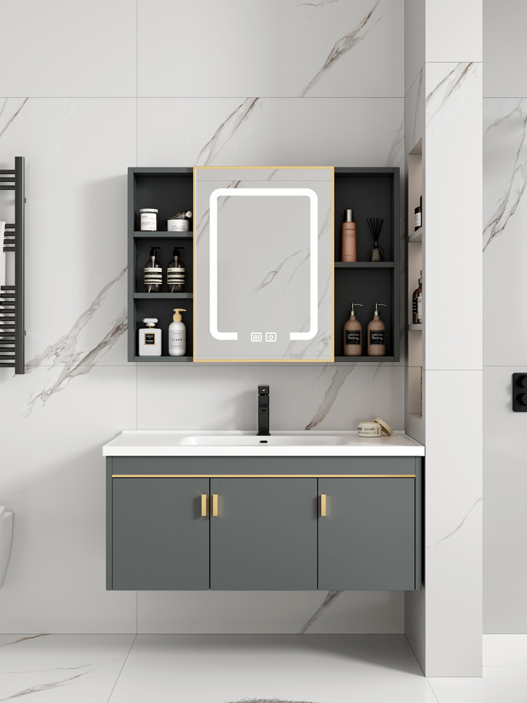 Mueble de baño de aluminio de espacio simple combinación de gabinete de lavabo de baño mesa de lavado de cerámica integrada gabinete de espejo inteligente
