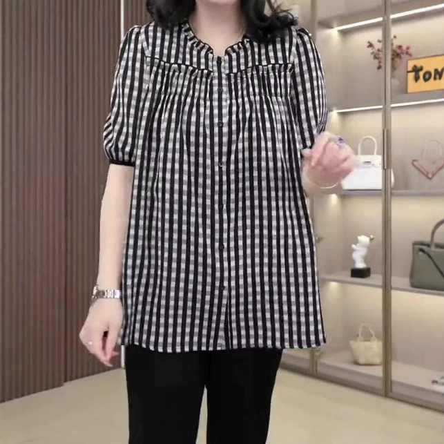 2025 летний новый модный клетчатый шифон большого размера свободный тощий рубашка топ 240 кг толстая мама женская одежда