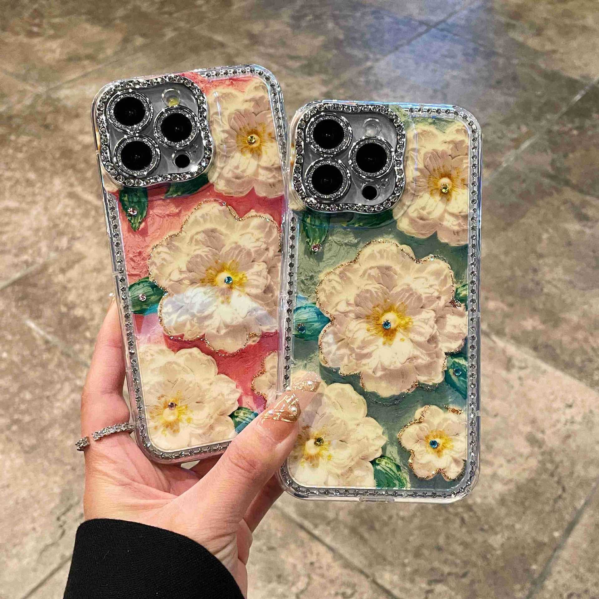 Pintura al óleo retro Flor de brillo 16ProMax Diamante 14 Funda para teléfono móvil Apple 15 Nuevo estilo 13 Blu-ray 16 Mujer