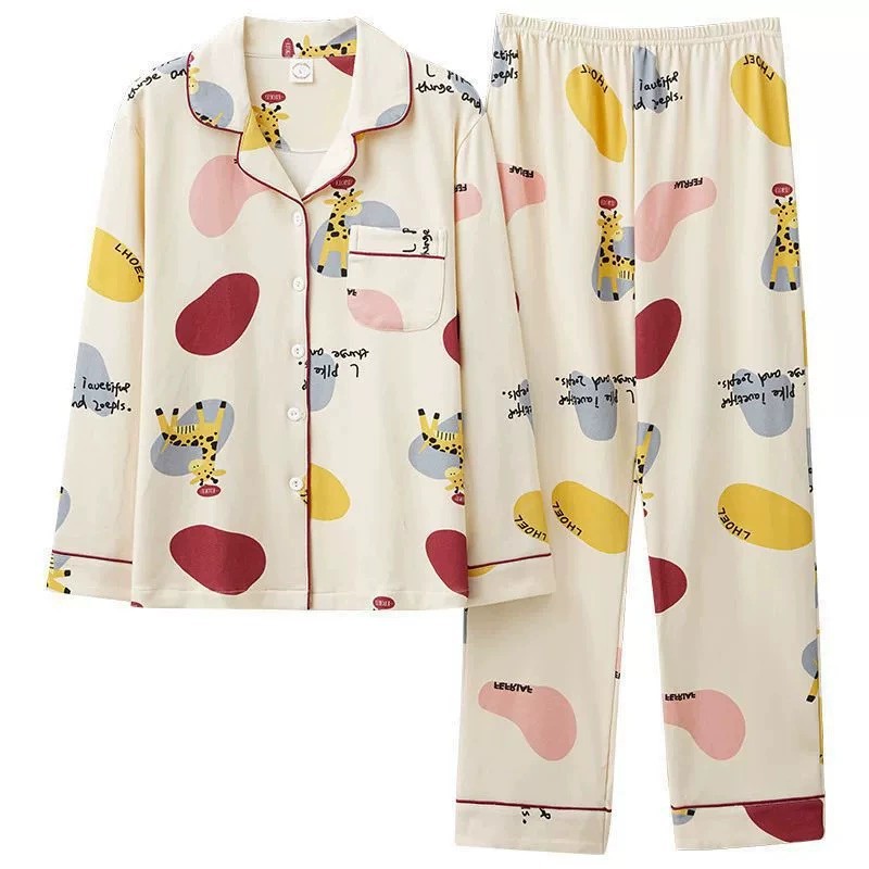 Pijamas 100% algodón de manga larga primavera y otoño ropa para el hogar Otoño e Invierno de las mujeres solapa nueva mamá suelta casual verano