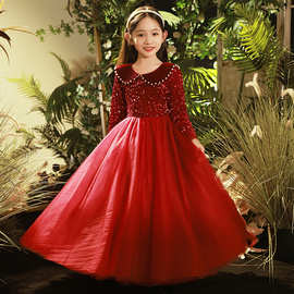 红色时尚感女童礼服公主裙长袖夏季款娃娃领主持人儿童钢琴演出服