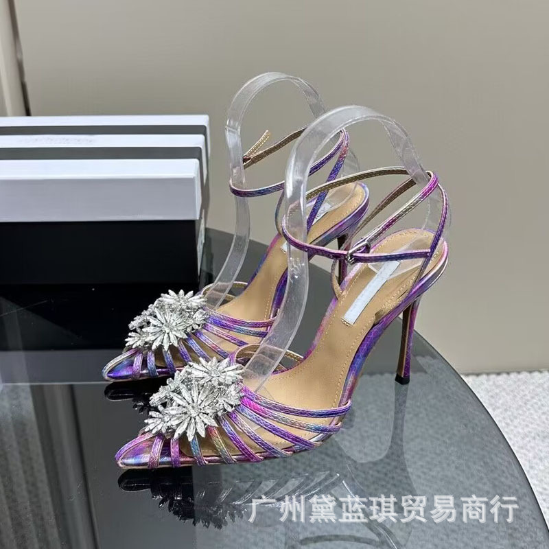 2023夏季真丝条带编织镂空水钻花朵包头中空后扣带欧美高跟凉鞋|undefined
