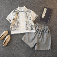 子供の漢服の男の子のスーツの夏服の綿麻の新型の男の子の赤ちゃんの唐の服の夏の半袖の中国風の国学の服の男