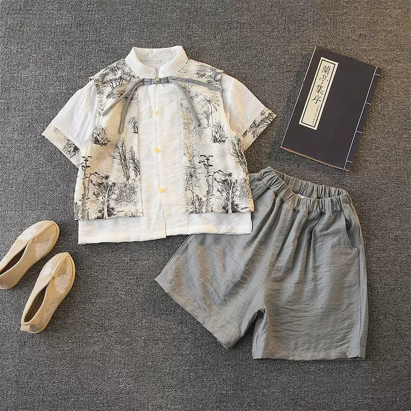 儿童汉服男童套装夏装棉麻新款男宝宝唐装夏季短袖中国风国学服男