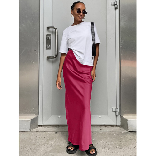 2025 Spring/Summer New Satin Ice Silk Skirt European and American Style Casual Cross-border Skirt Long Black Bodycon Skirt for Women