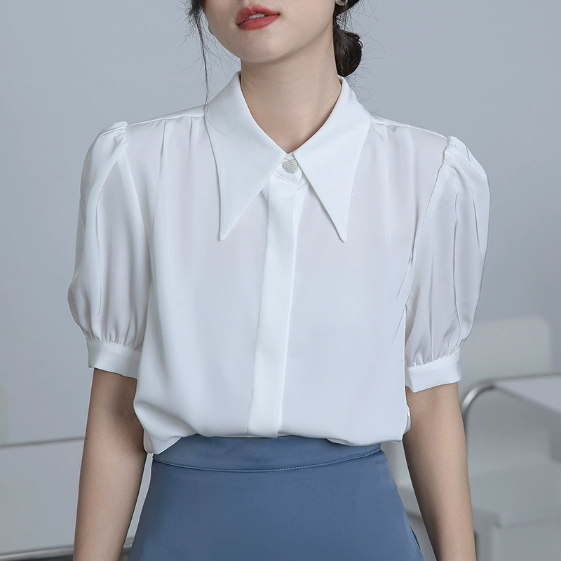 Французский темперамент белая рубашка с чувством дизайна ниша с короткими рукавами шифоновая рубашка женская 2024 летняя тонкая рубашка с пузырьками рукава