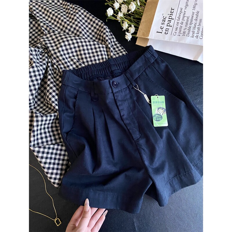 In Blue Old Money Style Tencel Linen Pants Loose Casual High Waist A-Line Bermuda Wide-Leg Suit Shorts