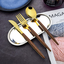 304不锈钢勺子葡萄牙餐具西餐牛排刀叉创意夹柄木纹手柄五件套