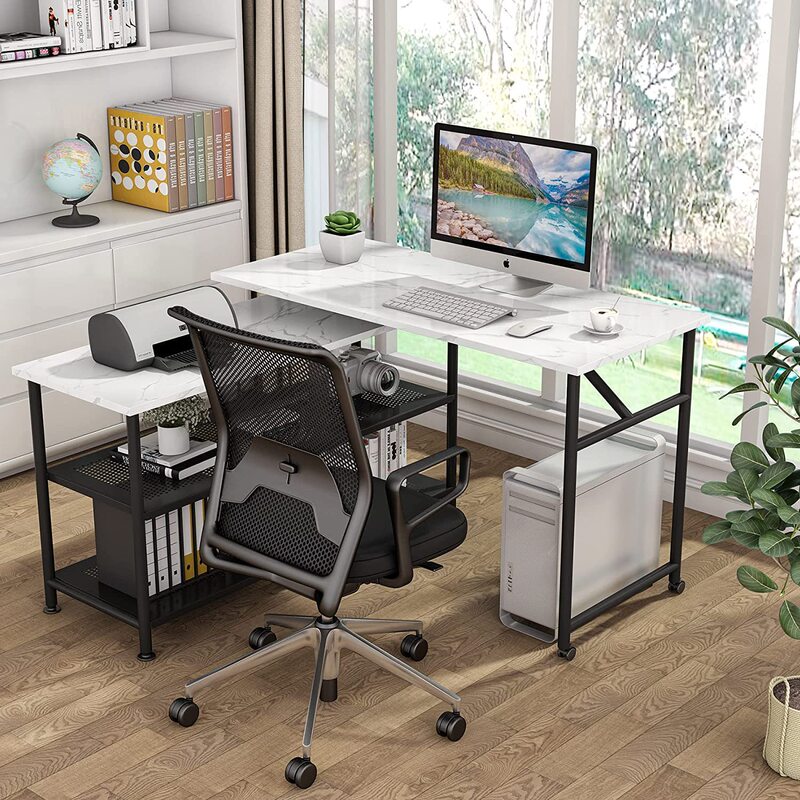 Open Shelf Faux Marble L Shaped Desk 360 ° Rotating Table Corner Computer Desk Study Writing Desk
