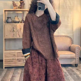 早春文艺复古风亚麻印花炒色做旧斜襟盘扣套头衬衫百搭个性上衣女