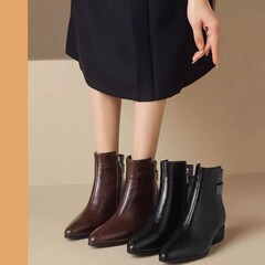 软皮靴子女加绒软皮低跟靴子圆头平跟皮靴大码2025冬季保暖皮鞋女