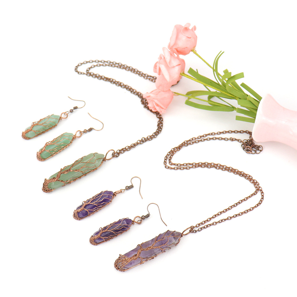 Ethnic Style Solid Color natural stone Copper Handmade Womenu0027S Earrings Necklace 1 Set