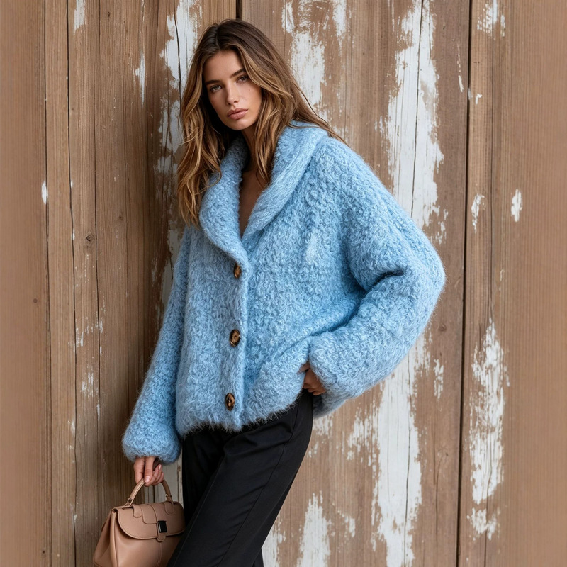 New European and American style light blue plush coat for women, loose-fitting, short, with a turn-down collar, and made of teddy fleece for warmth, perfect for autumn and winter New European and American style light blue plush coat for women, loose-fitting, short, with a turn-down collar, and made of teddy fleece for warmth, perfect for autumn and winter