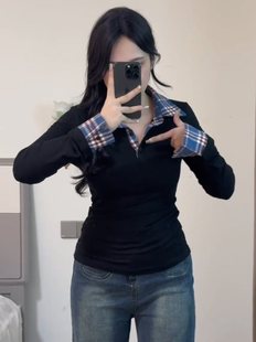 Plus Size Fake Two-Piece Plaid Splicing Right Shoulder Long-Sleeved T-Shirt for Women Early Spring Fat mm Slimming Look Sexy Bottoming Top